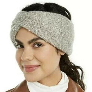 DKNY NEW Sparkle Grey Twisted Ribbed Knit Headband Ear Warmer Fleece Lined NWT